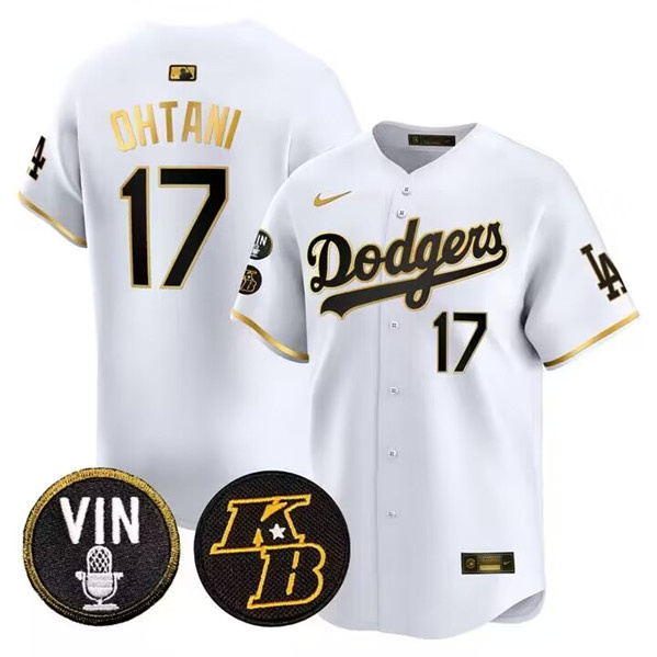 Men's Los Angeles Dodgers #17 Shohei Ohtani Stitched White/Gold Vin & Kobe Patch Cool Base Baseball Jersey Men's Los Angeles Dodgers #17 Shohei Ohtani Stitched White/Gold Vin & Kobe Patch Cool Base Baseball Jersey